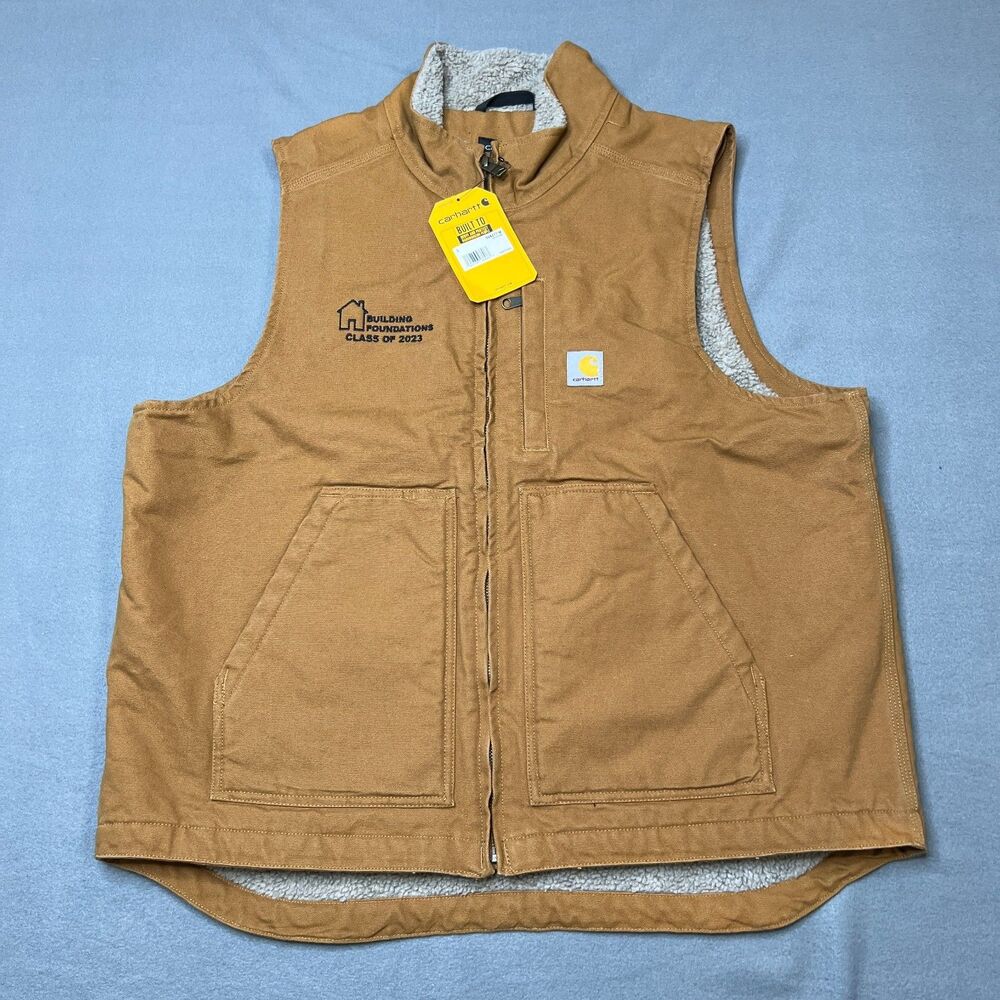 Carhartt Washed Duck Sherpa-Lined Vest Mens L Brown Mock Neck Loose-Fit Full Zip